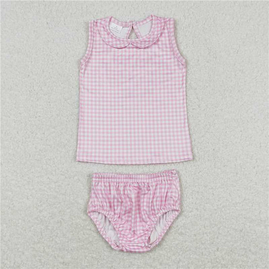 RTS NO MOQ Baby Girls Summer Outifts GBO0222 Pink Checkered Shirt Bummies Clothes Sets