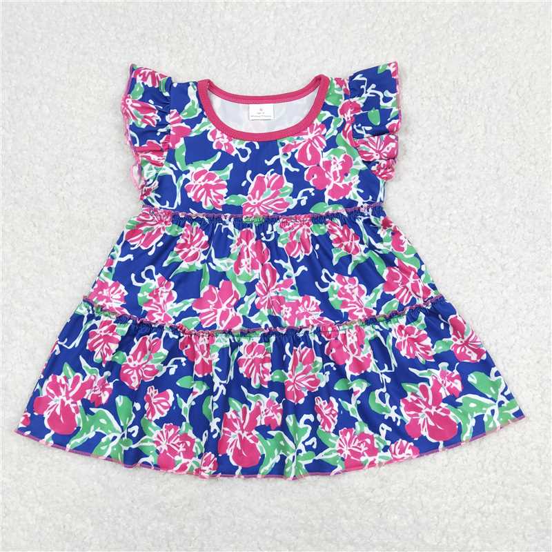 5.20 RTS NO MOQ Summer Baby Girls Short Sleeve GT0473 Flutter Sleeve Green Pink Flowers Tunic Tops