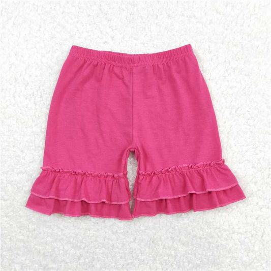 6.20 RTS NO MOQ Baby Girls Summer Pants SS0178 Dark Pink Cotton Double Ruffle Shorts