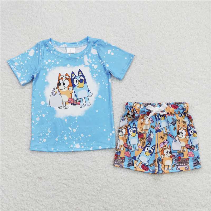 RTS NO MOQ Baby Boys kids Summer Sets  BSSO0599 Blue Bleached Shirt Top Shorts Clothes Sets