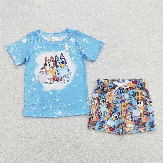 RTS NO MOQ Baby Boys kids Summer Sets  BSSO0599 Blue Bleached Shirt Top Shorts Clothes Sets