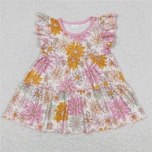 5.20 RTS NO MOQ Summer Baby Girls Short Sleeve GT0476 Flutter Sleeve Pink Flowers Tunic Tops