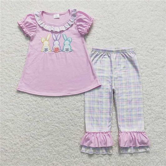 7.14 RTS NO MOQ Baby Girls Summer Kids Sets GSPO0977 Easter Three Rabbits Tunic Ruffle Pants Clothing Sets
