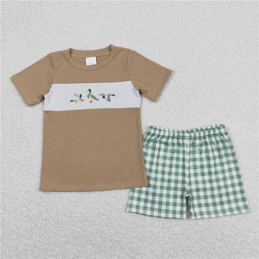 RTS NO MOQ Baby Boys kids Summer Sets BSSO0608 Ducks Shirt Green Checkered Shorts Outfits Clothes Sets