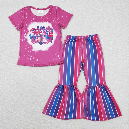 7.2 RTS NO MOQ Baby Girls Summer Kids Sets GSPO1373 Mama's Girl Flowers Shirts Top Stripes Bell Pants Clothes Sets