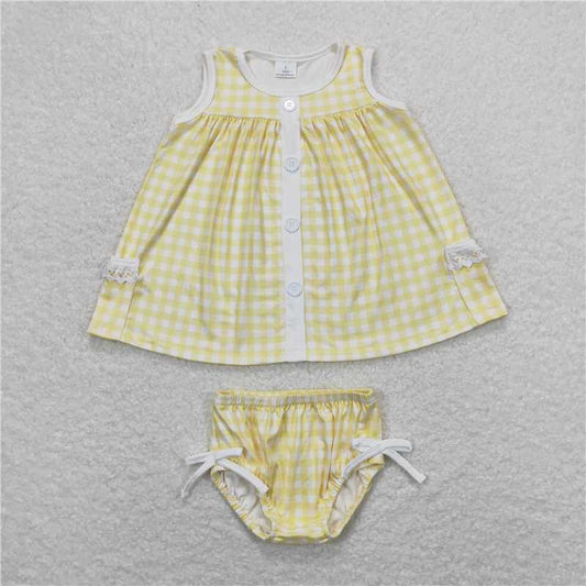 RTS NO MOQ Baby Girls Summer Outifts GBO0261 Yellow Checkered Tunic Top Bummies Clothes Sets
