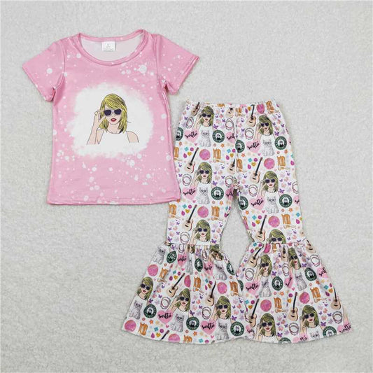 7.2 RTS NO MOQ Baby Girls Summer Kids Sets GSPO1441 Pink Pop Singer Shirt Top Bell Bottom Pants Outfits Clothes Sets