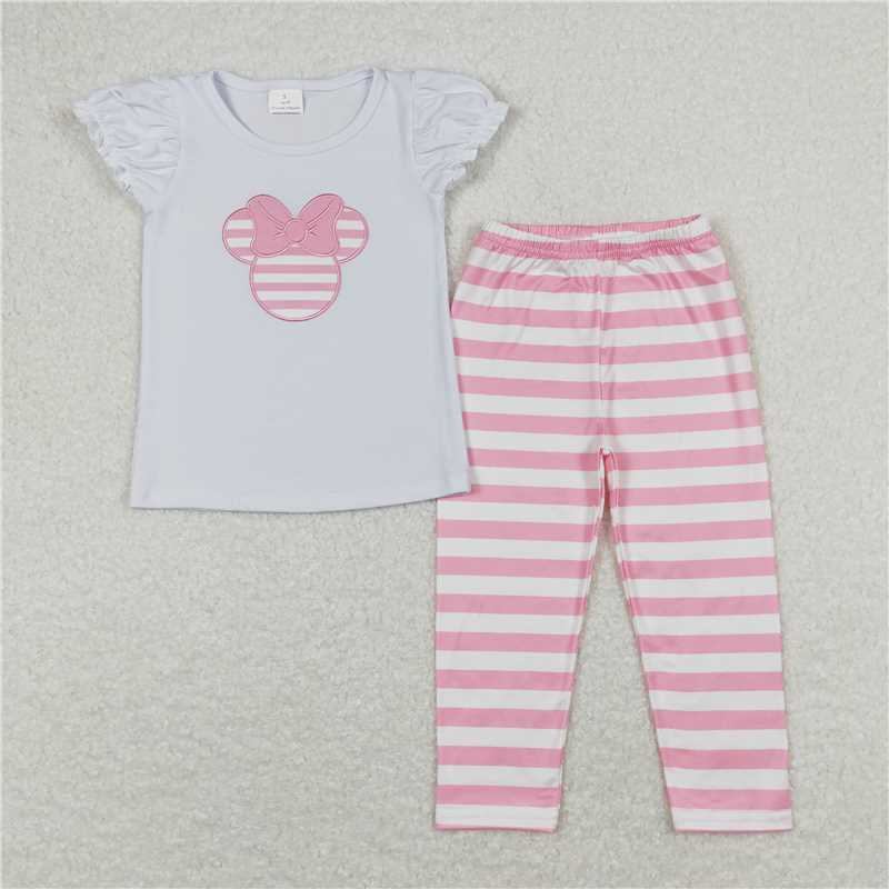 7.14 RTS NO MOQ Baby Girls Summer Kids Sets GSPO1198 Bows Short Sleeve Top Stripes Legging Clothes Sets