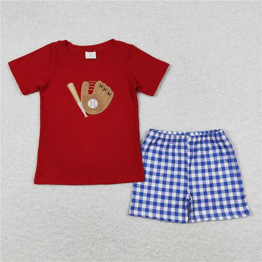 RTS NO MOQ Baby Boys kids Summer Sets BSSO0353 Red Baseball Shirt Top Blue Checkered Shorts Clothing Sets