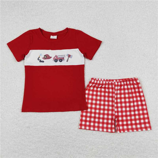RTS NO MOQ Baby Boys kids Summer Sets BSSO0666 Fire Truck Red Shirt Shorts Outfits Clothes Sets