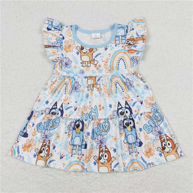 5.20 RTS NO MOQ Summer Baby Girls Short Sleeve GT0484 Dog Flutter Sleeve Flowers Rainbow Tunic Tops