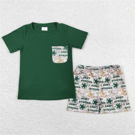 RTS NO MOQ Baby Boys kids Summer Sets BSSO0701 Boots Star Camouflage Pocket Green Short Sleeve Shorts Set