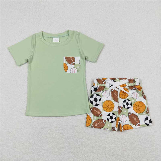 RTS NO MOQ Baby Boys kids Summer Sets BSSO0694 Basketball football baseball pocket green short-sleeved shorts set