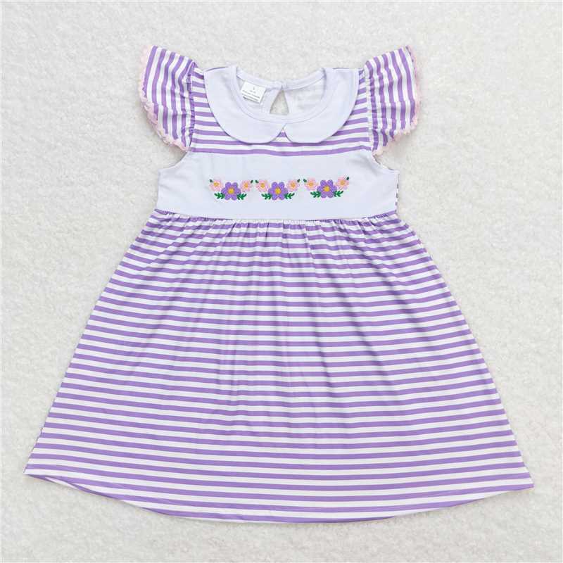 7.31 RTS NO MOQ Summer Baby Girls Dresses GSD0836 Purple Stripes Flowers Flutter Sleeve Knee Length Dresses