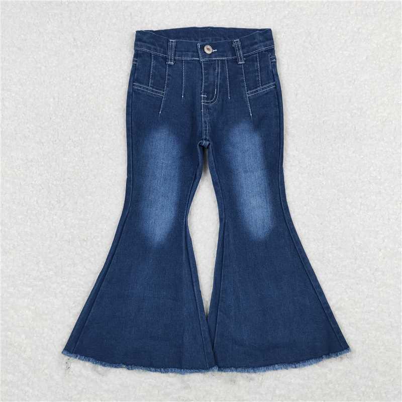 RTS NO MOQ Baby Girls Pants P0457 Western Navy Bell Flare Denim Jeans