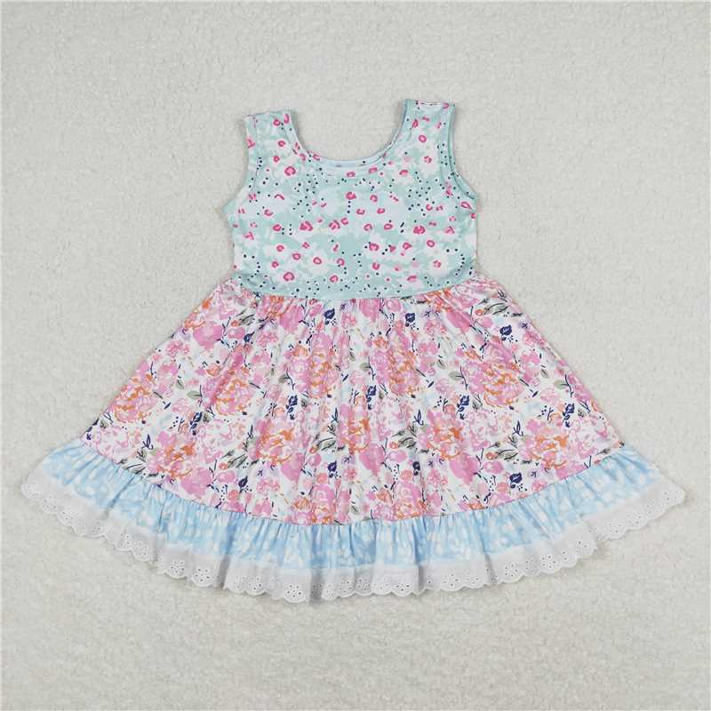 7.31 RTS NO MOQ Summer Baby Girls Dresses GSD0861 Spring Floral Pink Lace Ruffle Knee Length Dresses