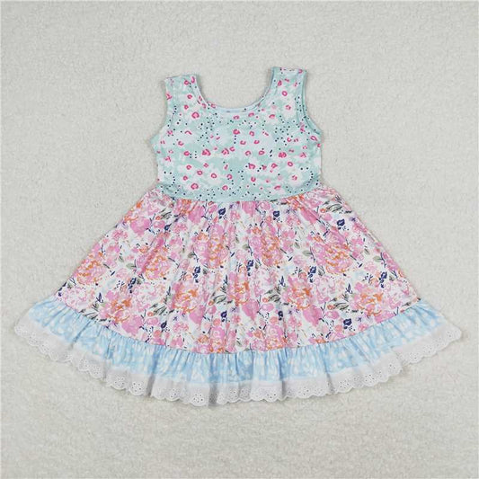 7.31 RTS NO MOQ Summer Baby Girls Dresses GSD0861 Spring Floral Pink Lace Ruffle Knee Length Dresses