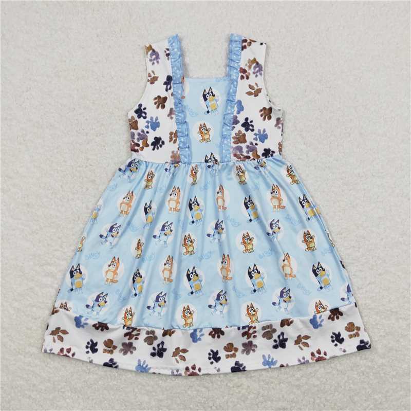 7.31 RTS NO MOQ Summer Baby Girls Dresses GSD0864 Blue Flowers Dogs Knee Length Dresses