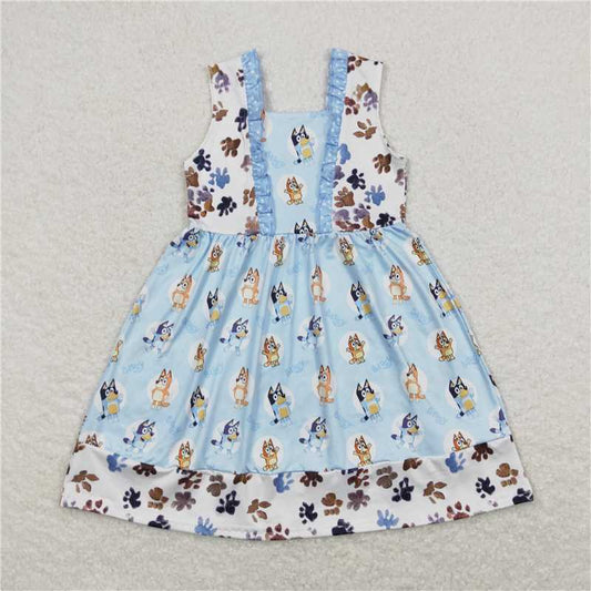 7.31 RTS NO MOQ Summer Baby Girls Dresses GSD0864 Blue Flowers Dogs Knee Length Dresses