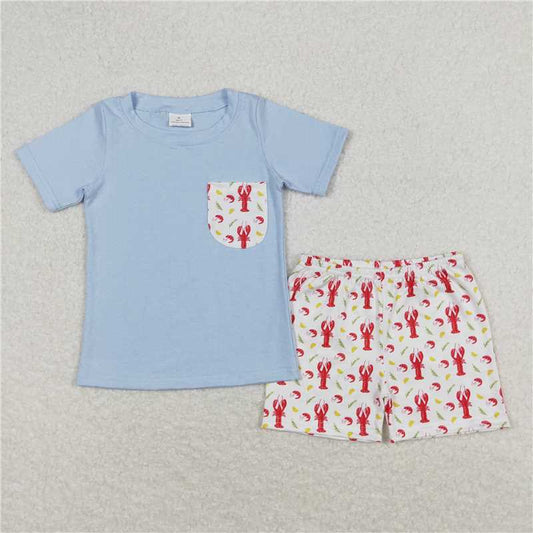 RTS NO MOQ Baby Boys kids Summer Sets BSSO0648 Crayfish Corn Pocket Blue Short Sleeve White Shorts Set