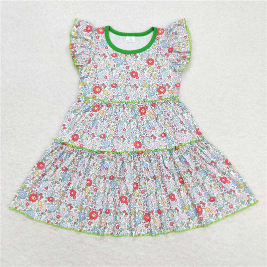 7.31 RTS NO MOQ Summer Baby Girls Dresses GSD0948 Green Flowers Flutter Sleeve Knee Length Dresses