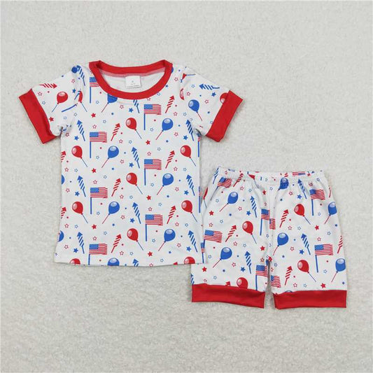 RTS NO MOQ Baby Boys kids Summer Sets BSSO0707 Balloons National Flags Fireworks Red and White Short-Sleeved Shorts Pajamas Sets
