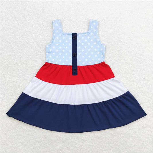7.31 RTS NO MOQ Summer Baby Girls Dresses GSD0900 Red Stars Sleeveless 4th Of July Knee Length Dresses