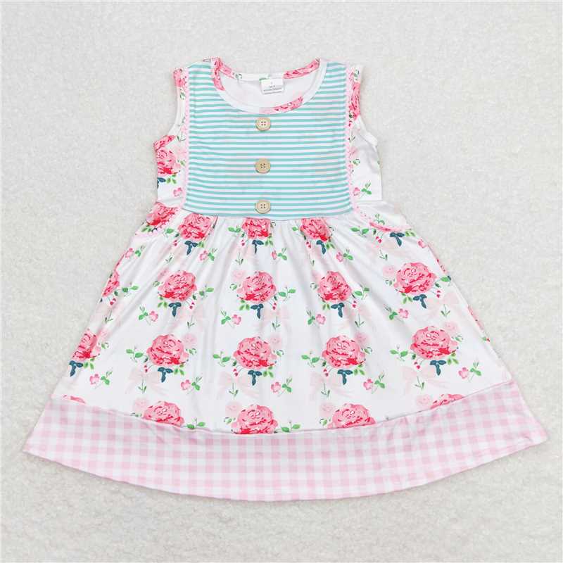 7.31 RTS NO MOQ Summer Baby Girls Dresses GSD0886 Sleeveless Pink Floral Ruffle Knee Length Dresses