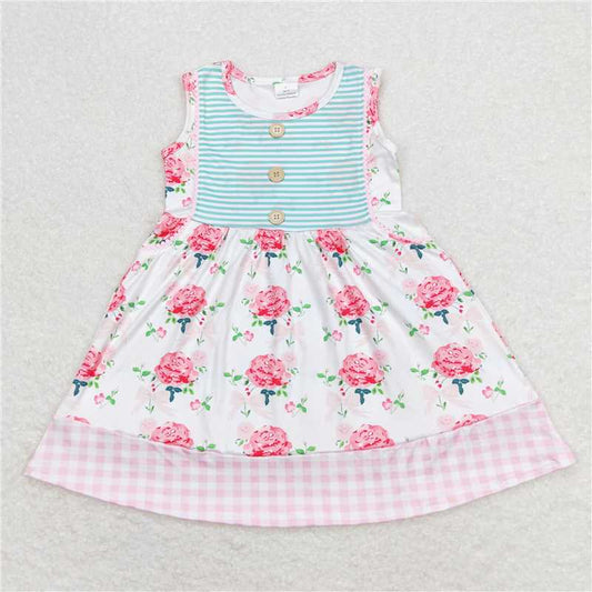 7.31 RTS NO MOQ Summer Baby Girls Dresses GSD0886 Sleeveless Pink Floral Ruffle Knee Length Dresses