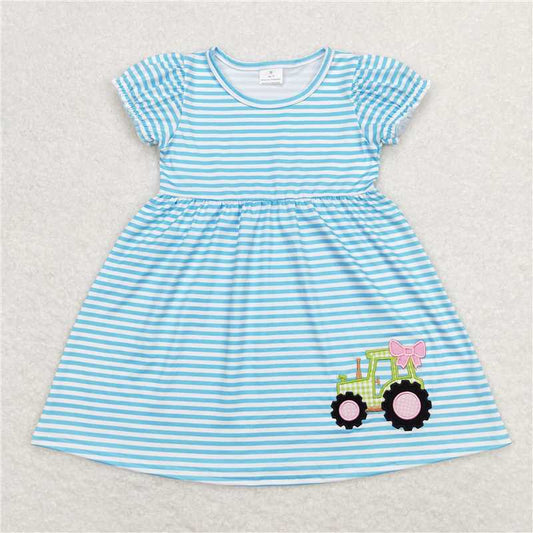 7.31 RTS NO MOQ Summer Baby Girls Dresses GSD0835 Blue Stripes Tractor Bow Knee Length Dresses