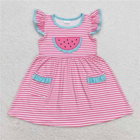 7.31 RTS NO MOQ Summer Baby Girls Dresses GSD0964 Pink Stripes Watermelon Flutter Sleeve Knee Length Dresses