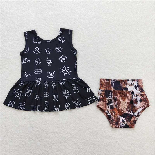 RTS NO MOQ Baby Girls Summer Outifts GBO0295 Western Words Sleeveless Top Cowhide Bummies Clothes Sets