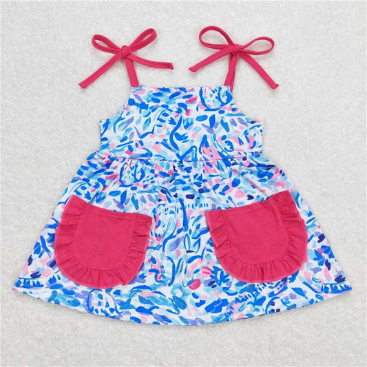RTS NO MOQ Summer Baby Girls Short Sleeve GT0549 Pink Blue Grasses Straps Pockets Tunic Tops
