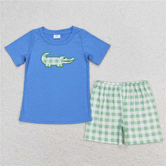 RTS NO MOQ Baby Boys kids Summer Sets BSSO0736 Crocodile Shirt Green Checkered Shorts Clothes Sets