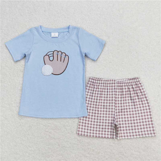 RTS NO MOQ Baby Boys kids Summer Sets BSSO0723 Blue Baseball Short Sleeve Top Checkered Shorts Clothes Sets