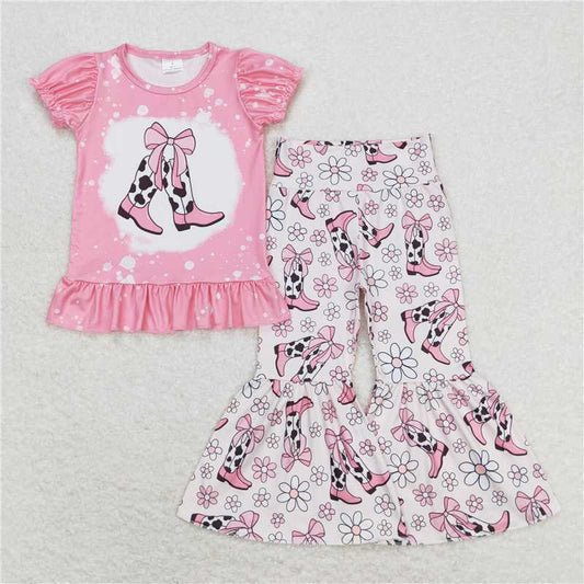 7.2 RTS NO MOQ Baby Girls Summer Kids Sets GSPO1443 Pink Flowers Boots Shirt Top Bell Pants Clothes Sets