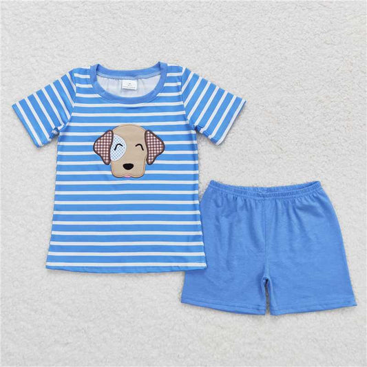 RTS NO MOQ Baby Boys kids Summer Sets BSSO0746 Blue Stripes Dog Tee Shirts Tops Shorts Clothes Sets