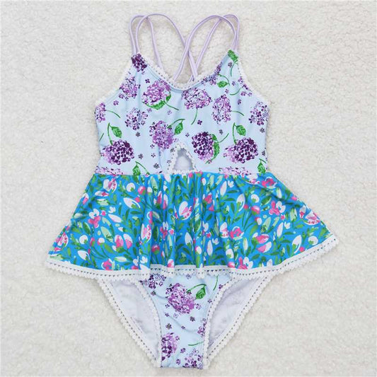 S0246 Baby Girls Purple Flowers Ruffle One Piece Swimsuits