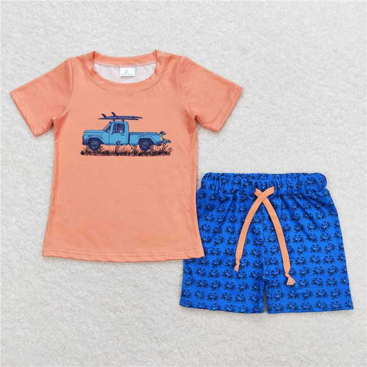 RTS NO MOQ Baby Boys kids Summer Sets BSSO0706 Truck Orange Short Sleeve Crab Blue Shorts Set