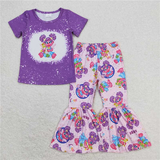 7.2 RTS NO MOQ Baby Girls Summer Kids Sets GSPO1359 Purple Big Eye Short Sleeve Shirt Bell Pants Clothes Sets
