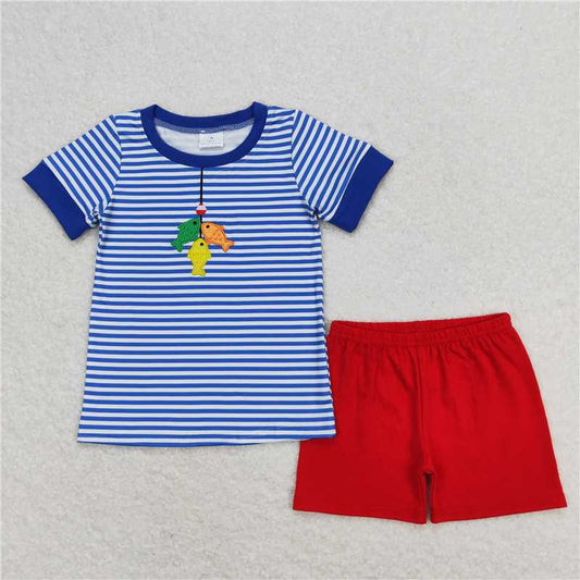 RTS NO MOQ Baby Boys kids Summer Sets  BSSO0588 Fishing Blue Stripes Shirts Shorts Summer Clothes Sets