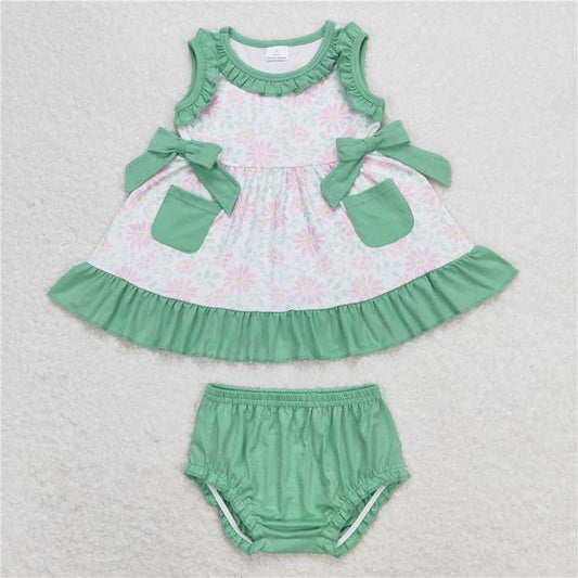 RTS NO MOQ Baby Girls Summer Outifts GBO0292 Green Pink Flowers Sleeveless Top Bummies Clothes Sets