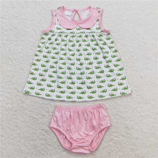 RTS NO MOQ Baby Girls Summer Outifts 	GBO0277 Crocodile Sleeveless Top Pink Bummies Clothes Sets