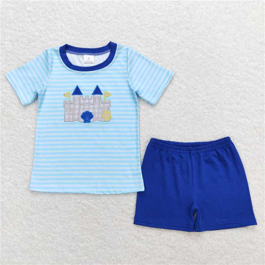 RTS NO MOQ Baby Boys kids Summer Sets BSSO0747 Blue Stripes Castle Tee Shirts Tops Shorts Clothes Sets