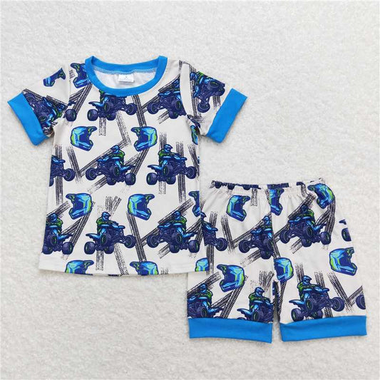 RTS NO MOQ Baby Boys kids Summer Sets BSSO0775 Mountain Bike Blue Short Sleeve Shorts Pajamas Sets