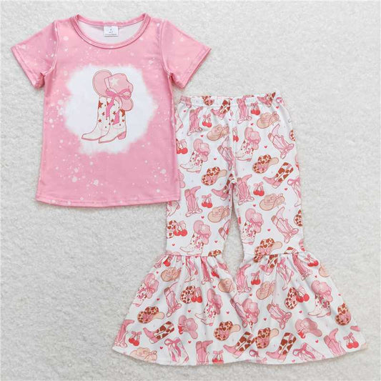 RTS NO MOQ Baby Girls Summer Kids Sets GSPO1453 Boots Shirt Top Western Bell Bottom Pants Clothes Sets