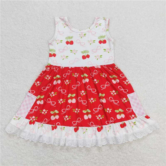 7.31 RTS NO MOQ Summer Baby Girls Dresses GSD0889 Sleeveless Red Bows Lace Ruffle Knee Length Dresses
