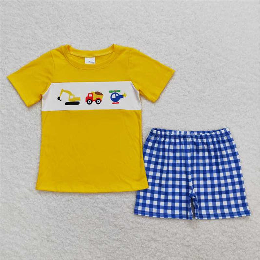 RTS NO MOQ Baby Boys kids Summer Sets BSSO0574 Engineering Vehicle Helicopter Yellow Short Sleeve Blue and White Plaid Shorts Suit