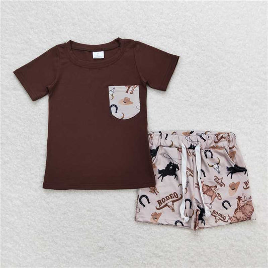 RTS NO MOQ Baby Boys kids Summer Sets BSSO0757 Brown riding pocket short sleeve shorts set