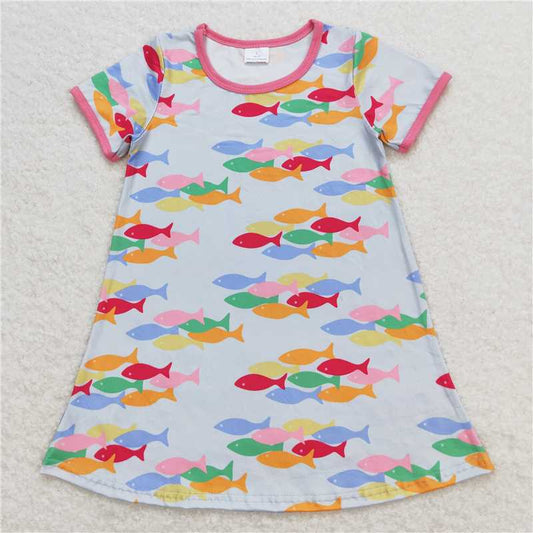 7.31 RTS NO MOQ Summer Baby Girls Dresses GSD0813 Short Sleeve Colorful Fish Knee Length Dresses